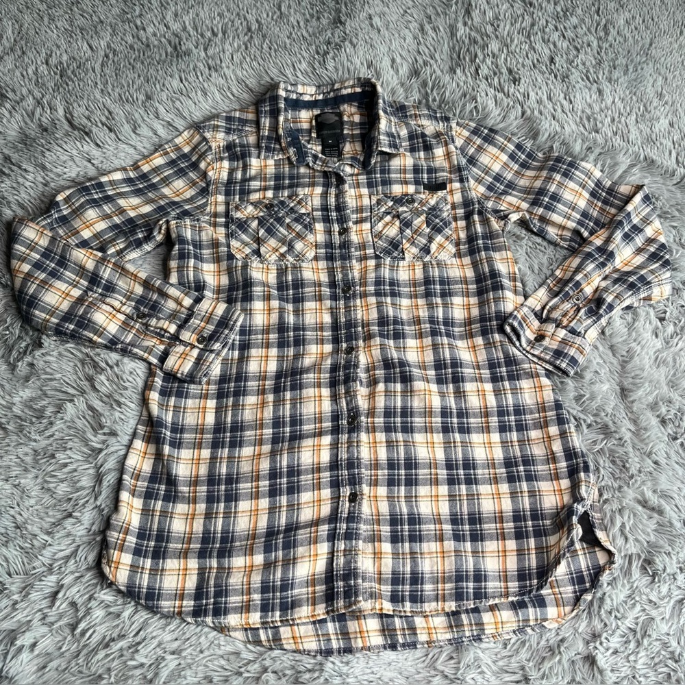 Harley Davidson Shirt Womens Medium Button Up Plaid Long Sleeve Motorcycle Blue